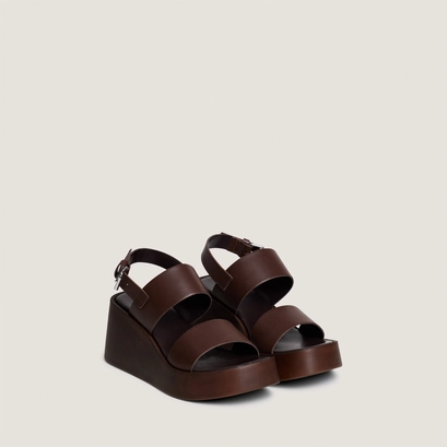 Wedge sandals with wide straps in cacao leather | elisa