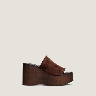 Heeled wedge mules in dark brown split leather | esmee