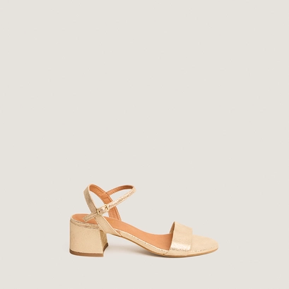 Round-toe heeled sandals in platinum laminated suede | anker