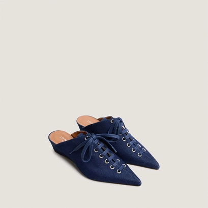 Lace-up wedge mules in navy blue denim | doleane