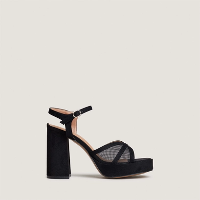 Platform high-heel sandals in black textile and black mesh | jennyfer