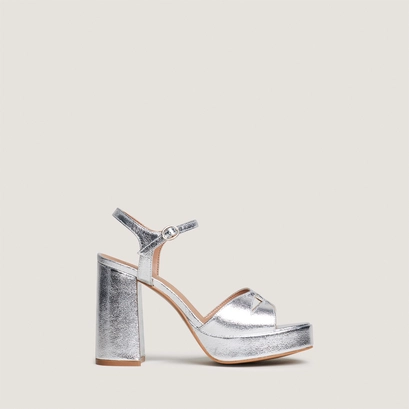 Platform high-heel sandals in silver metallic textile | justine