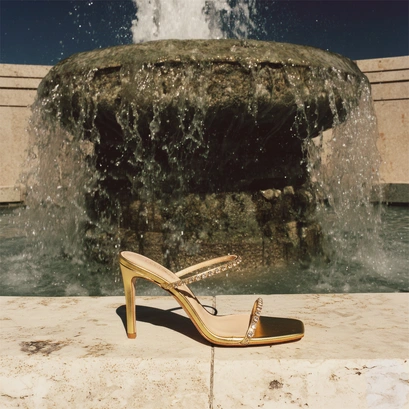 Heeled sandals with thin swarovski straps in gold crackled leather | vamoureuse