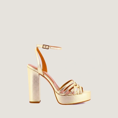 Platform high-heel sandals in platinum metallic textile | vibration