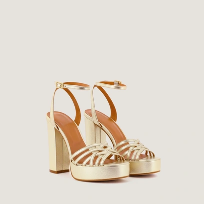 Platform high-heel sandals in platinum metallic textile | vibration