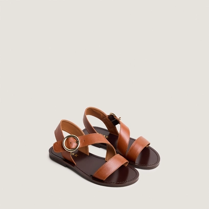 Sandals with wide straps and adjustable buckles - capsule mini in cognac leather | mini welbi