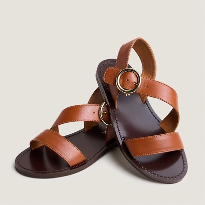 Sandals with wide straps and adjustable buckles - capsule mini in cognac leather | mini welbi