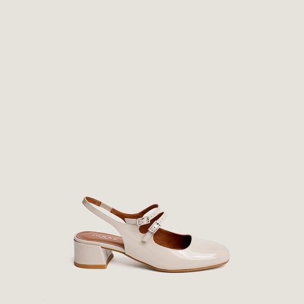Double-strap slingback mary janes in ecru patent leather | DRIBBLE
