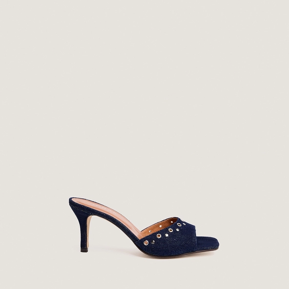 High-heeled studded mules in navy blue jeans | VIVE