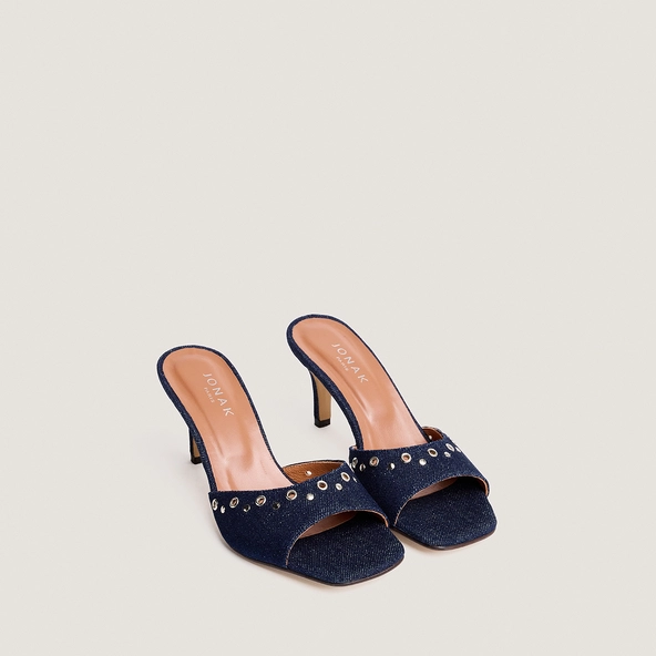High-heeled studded mules in navy blue jeans | VIVE