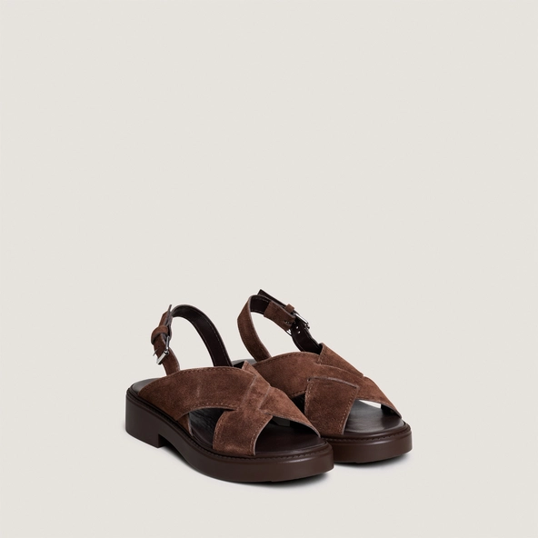 Interlaced strap sandals in dark brown split leather | ELIO