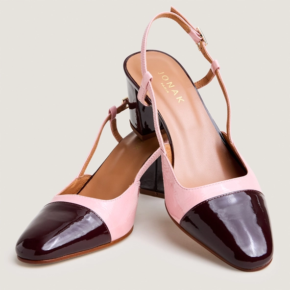 Heeled slingbacks in burgundy patent leather and petal pink pleated patent leather | DHAPOP