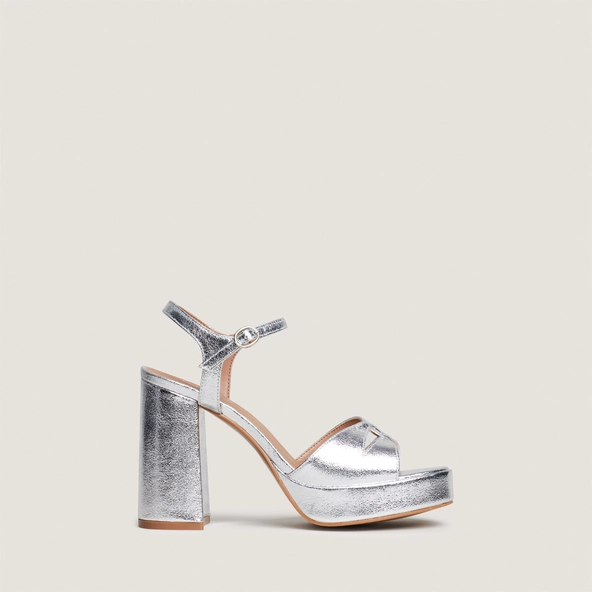 Platform high-heel sandals in silver metallic textile | JUSTINE