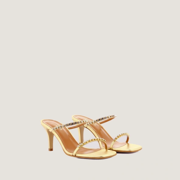 Heeled sandals with thin Swarovski straps in gold crackled leather | VAMOUREUSE