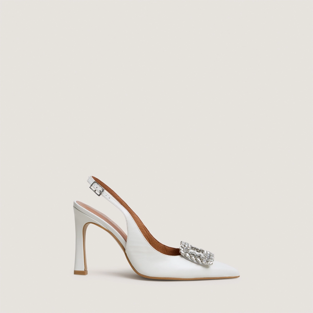 Slingback Slingback pumps embellished with rhinestones in ecru leather | DOVELA