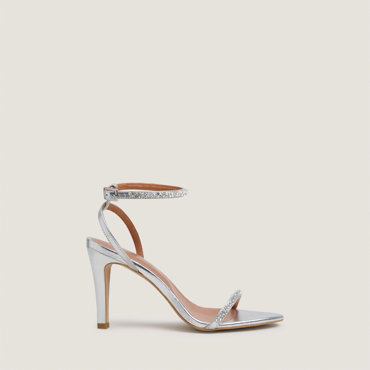 Sandals with slim straps and Swarovski crystals in silver metallic leather | VALLIENCE