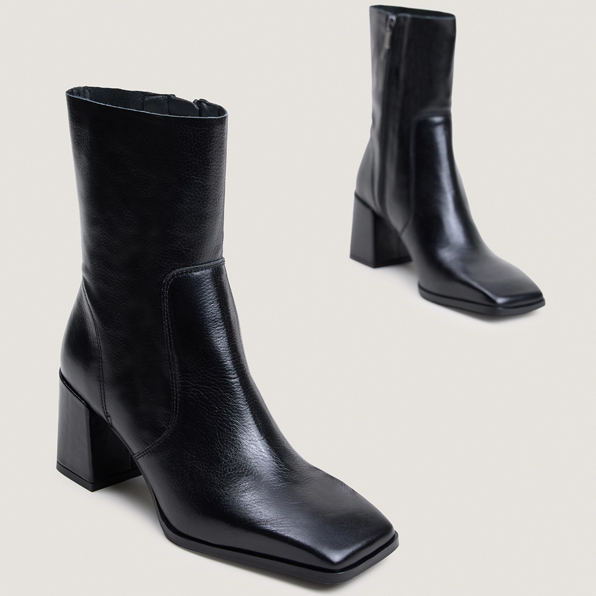 Heeled square toe ankle boots in black grained leather | BRIGHTON