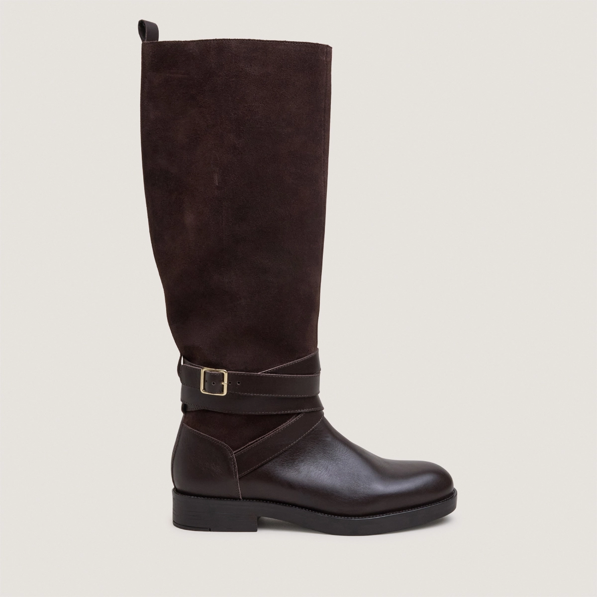 Riding boots with ankle straps in chocolate leather and chocolate split leather|THEA