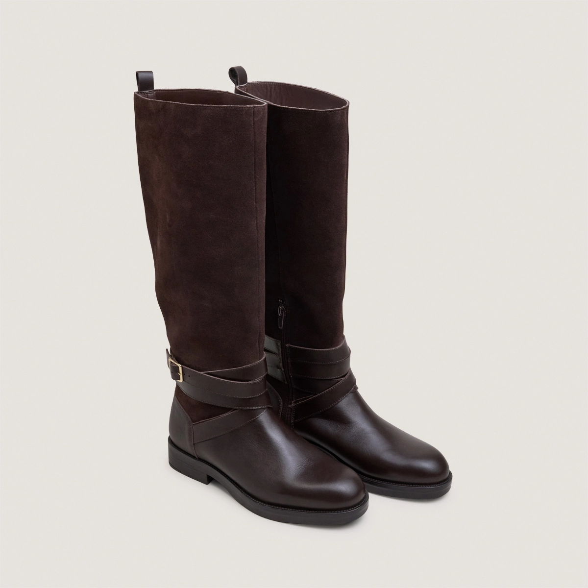 Riding boots with ankle straps in chocolate leather and chocolate split leather|THEA
