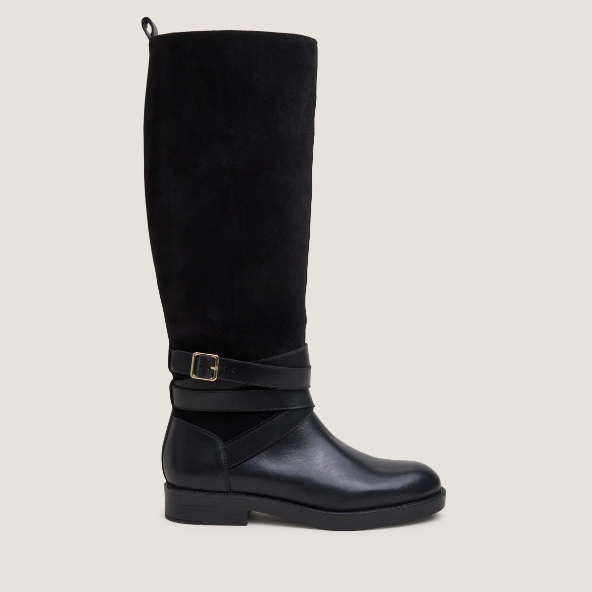 Riding boots with ankle straps in black leather and black split leather|THEA