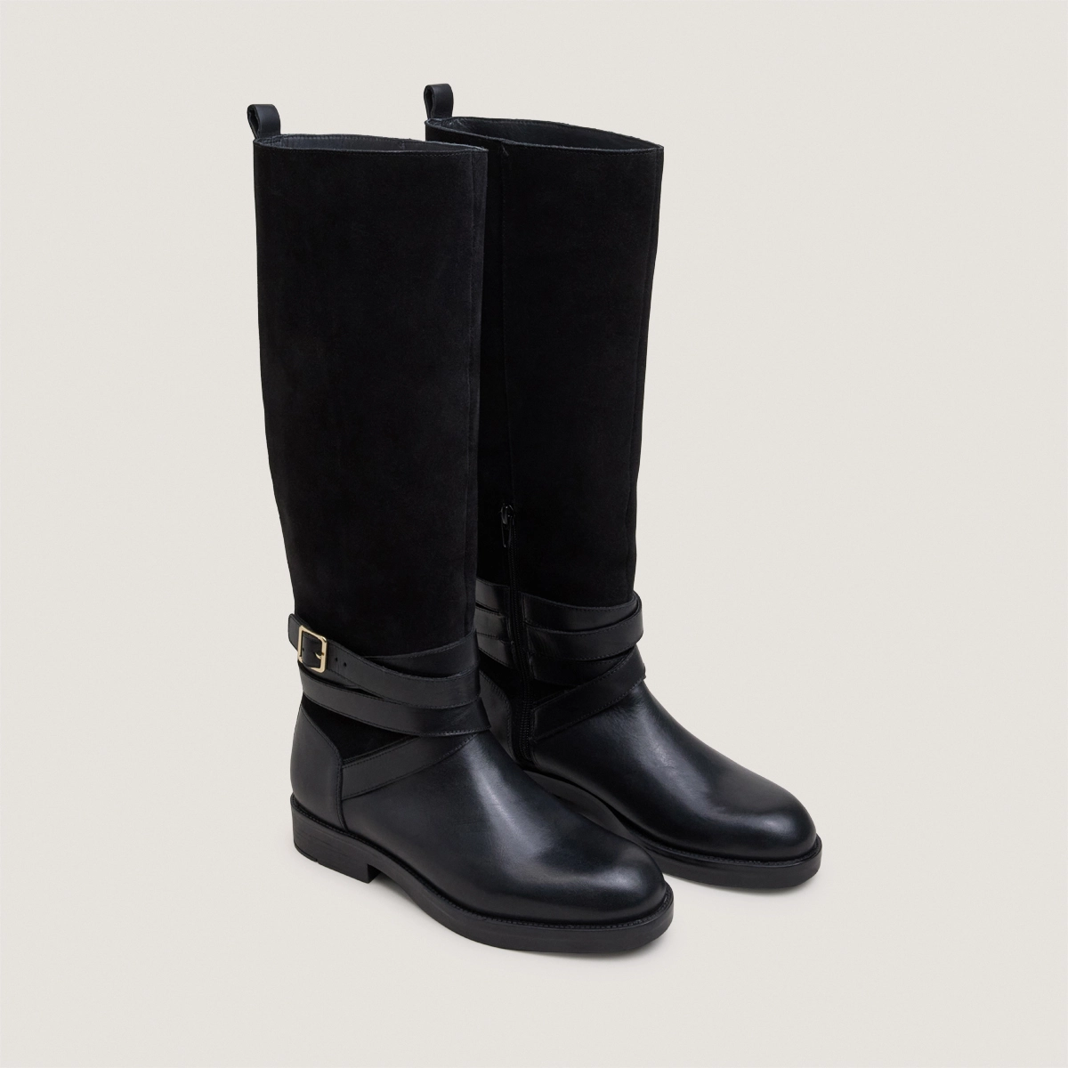Riding boots with ankle straps in black leather and black split leather|THEA
