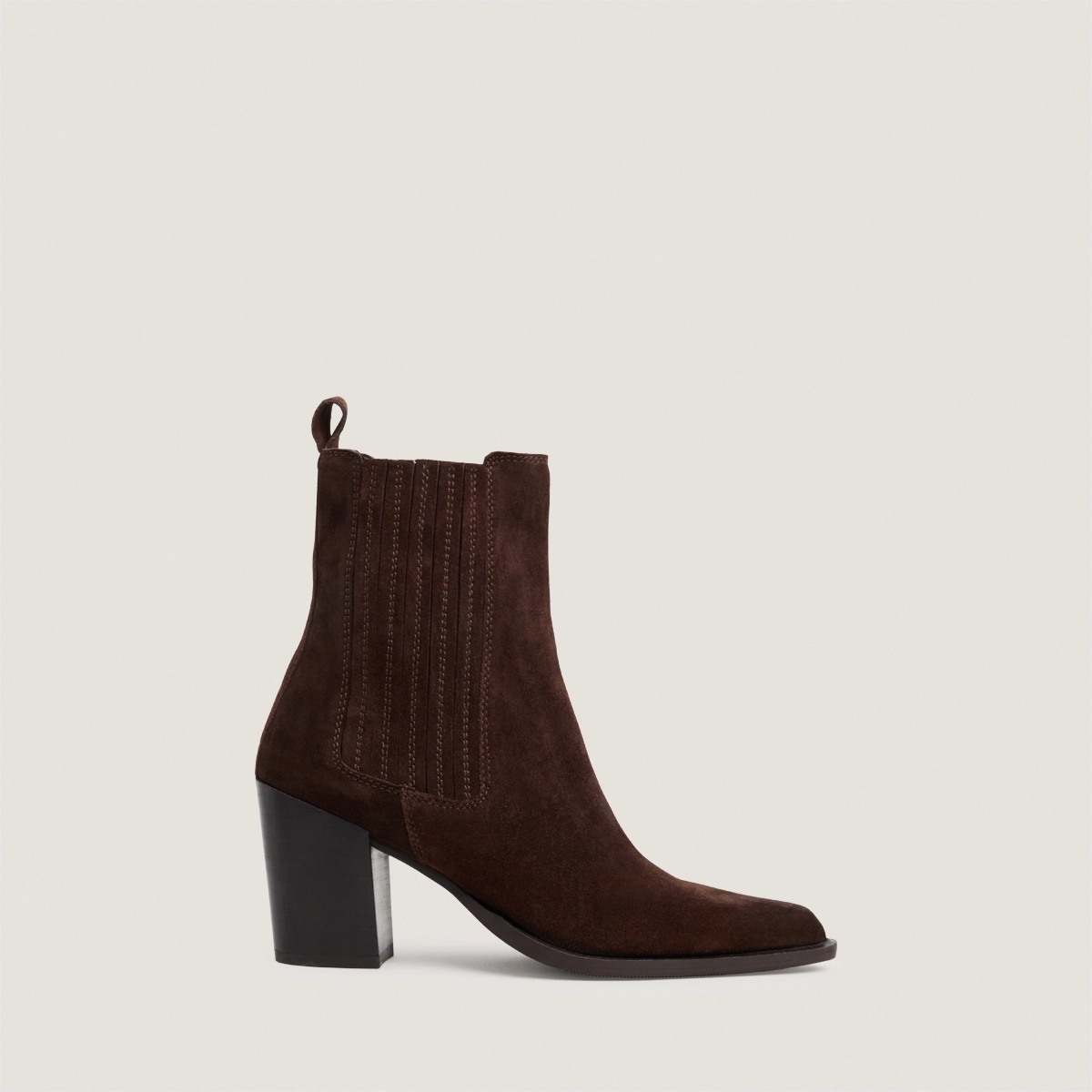 Heeled and gathered ankle boots in chocolate split leather | PIPA