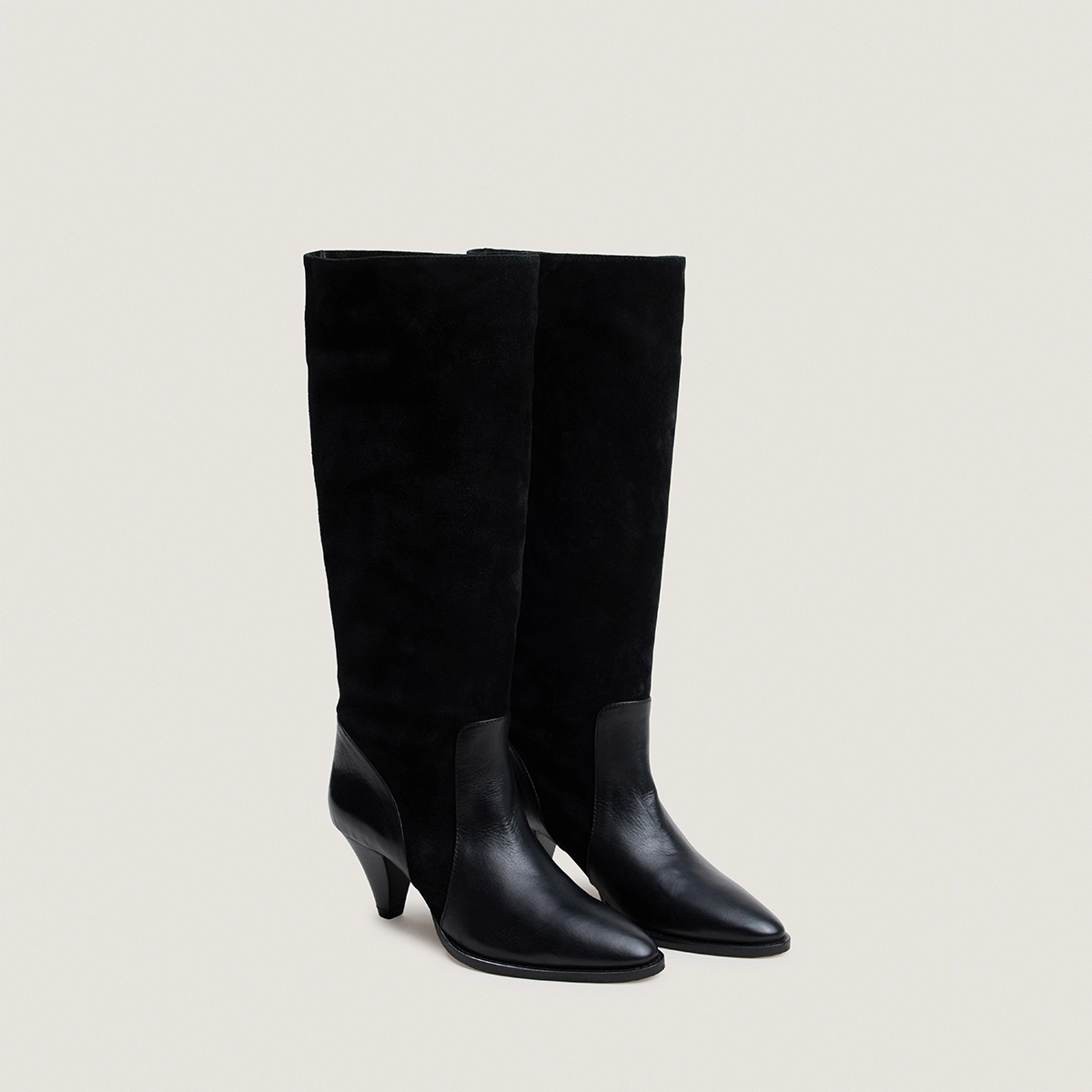 Boots with pointed heels in black leather and black split leather | LEONORE