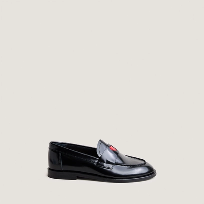 Round-toe loafers with heart detail - capsule mini in black glazed leather | mini donjuan
