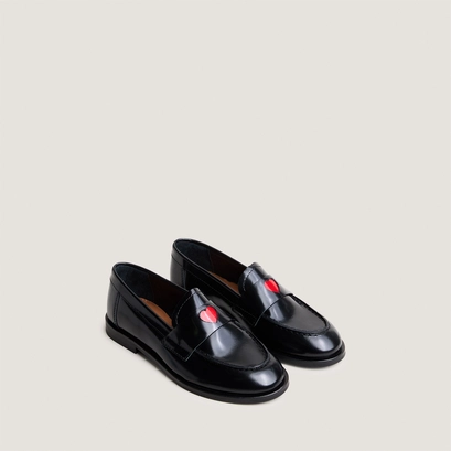 Round-toe loafers with heart detail - capsule mini in black glazed leather | mini donjuan