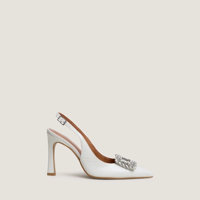 Slingback slingback pumps embellished with rhinestones in ecru leather | dovela