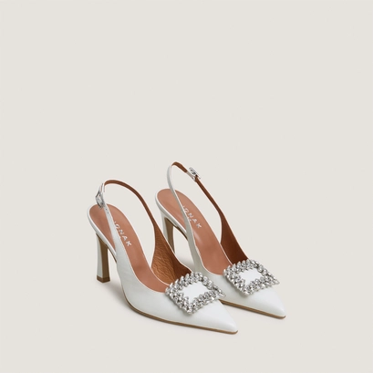 Slingback slingback pumps embellished with rhinestones in ecru leather | dovela