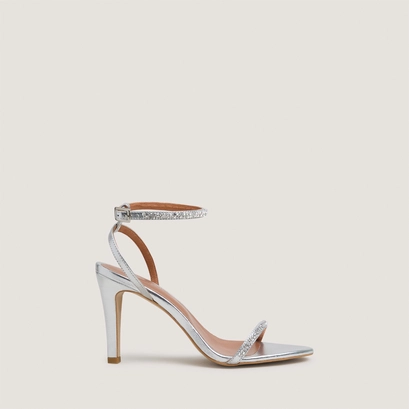 Sandals with slim straps and swarovski crystals in silver metallic leather | vallience