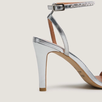 Sandals with slim straps and swarovski crystals in silver metallic leather | vallience