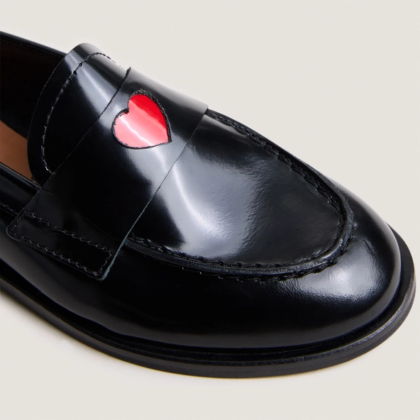 Round-toe loafers with heart detail - Capsule mini in black glazed leather | MINI DONJUAN