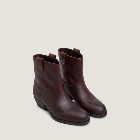Round-toe ankle boots with block heels in brown grained leather | TERRA