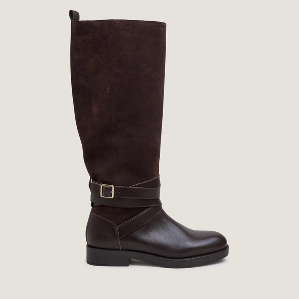 Riding boots with ankle straps in chocolate leather and chocolate split leather|THEA