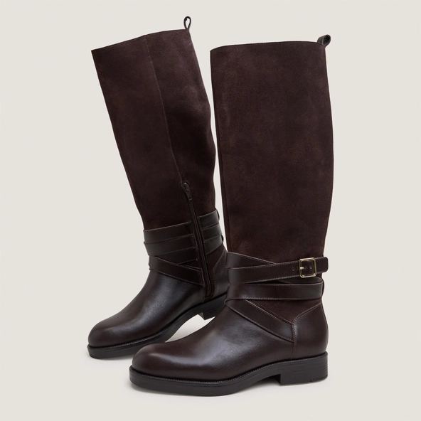 Riding boots with ankle straps in chocolate leather and chocolate split leather|THEA