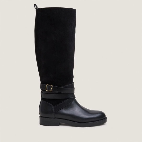 Riding boots with ankle straps in black leather and black split leather|THEA