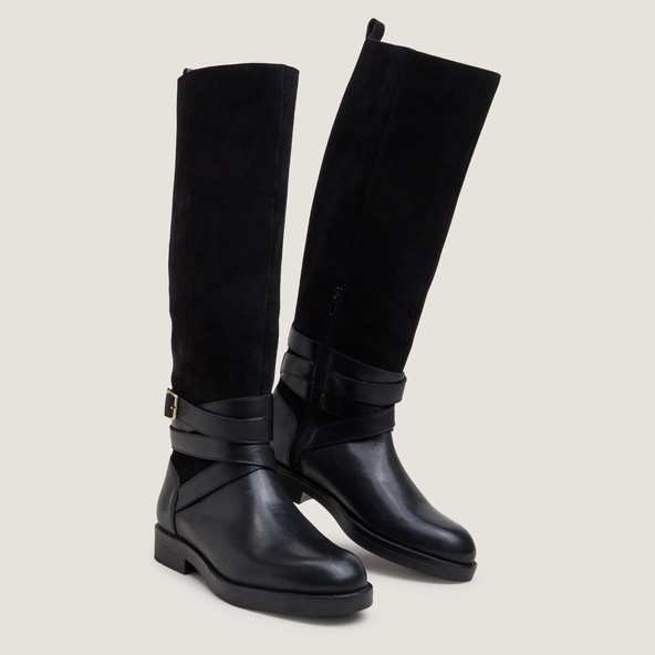 Riding boots with ankle straps in black leather and black split leather|THEA