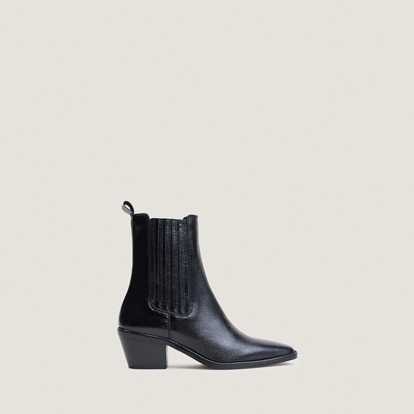 Heeled and gathered ankle boots in black grained leather | BIRMAN