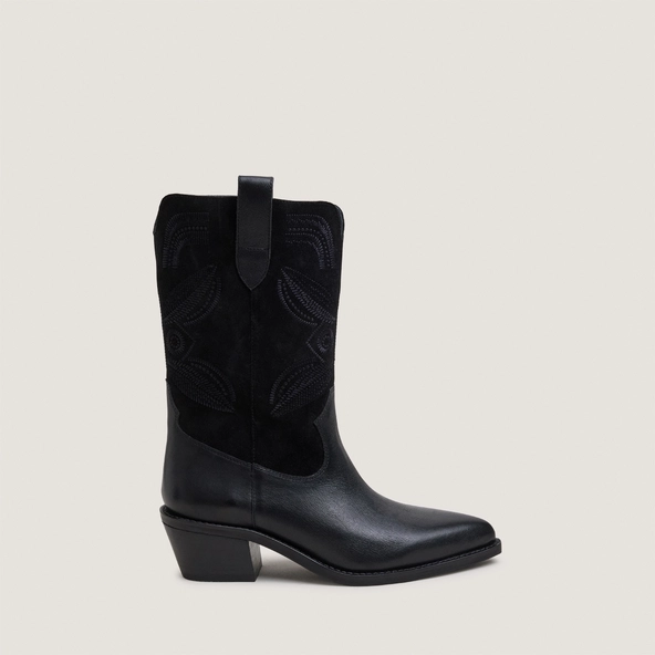 Pointed-toe boots with visible stitching in black grained leather and black split leather|TATIANA