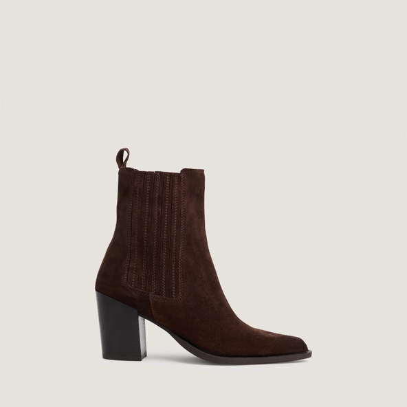 Heeled and gathered ankle boots in chocolate split leather | PIPA