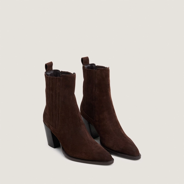 Heeled and gathered ankle boots in chocolate split leather | PIPA