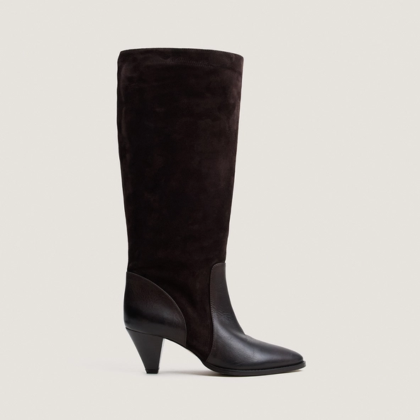 Boots with pointed heels in brown leather and brown split leather | LEONORE