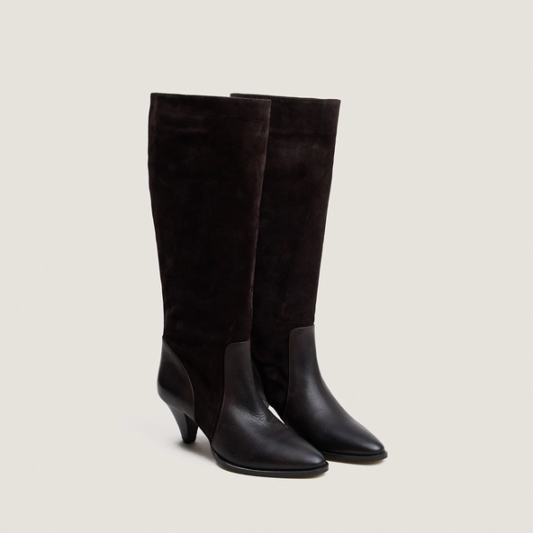 Boots with pointed heels in brown leather and brown split leather | LEONORE