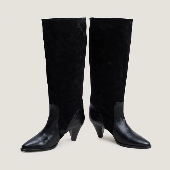 Boots with pointed heels in black leather and black split leather | LEONORE