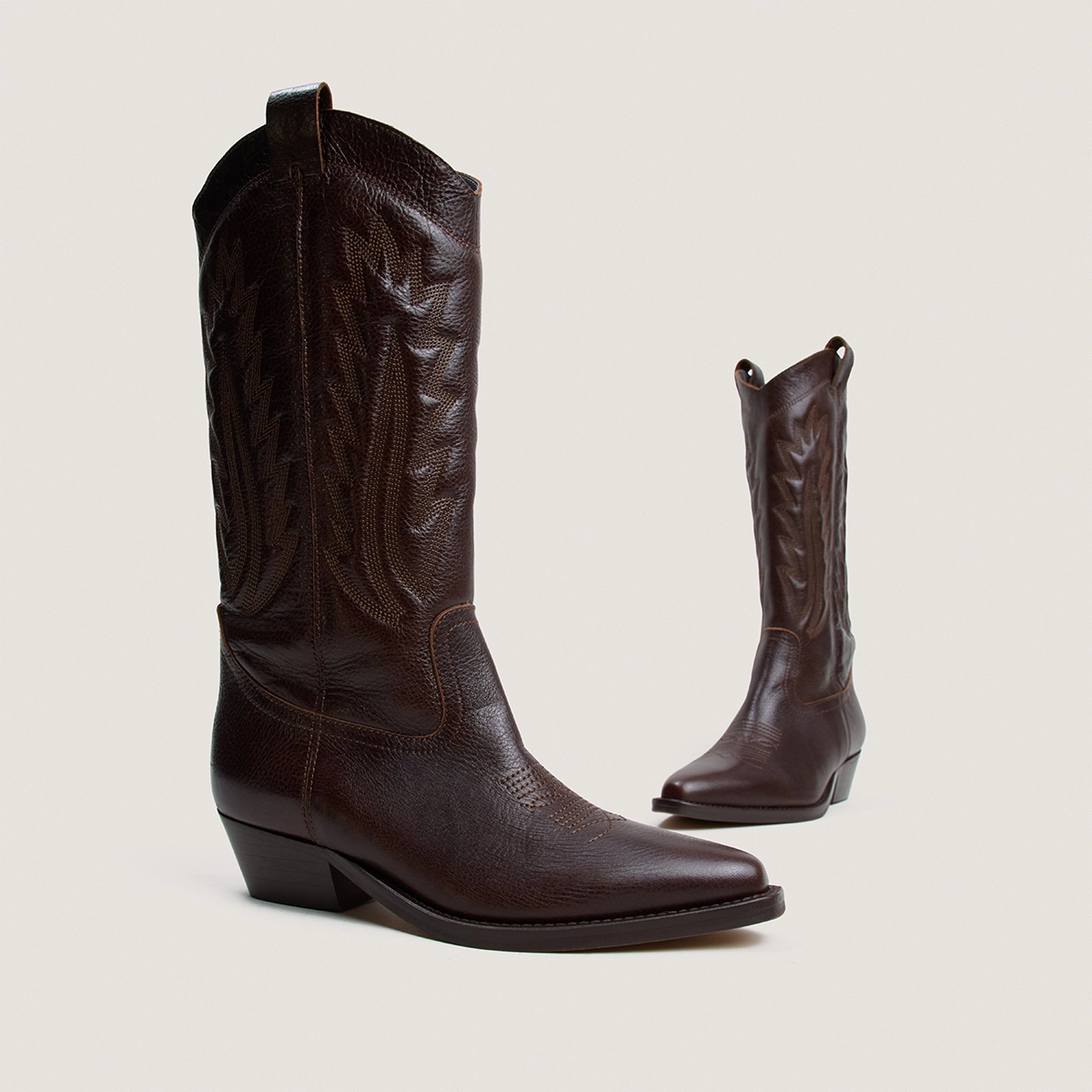 Pointed-toe boots with visible stitching in brown grained leather | DELEA