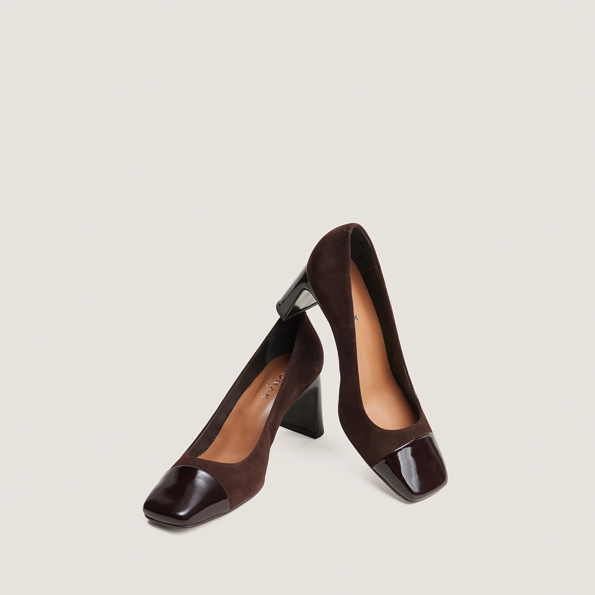 Block heels square-toe pumps in dark brown patent leather and brown suede | DOG