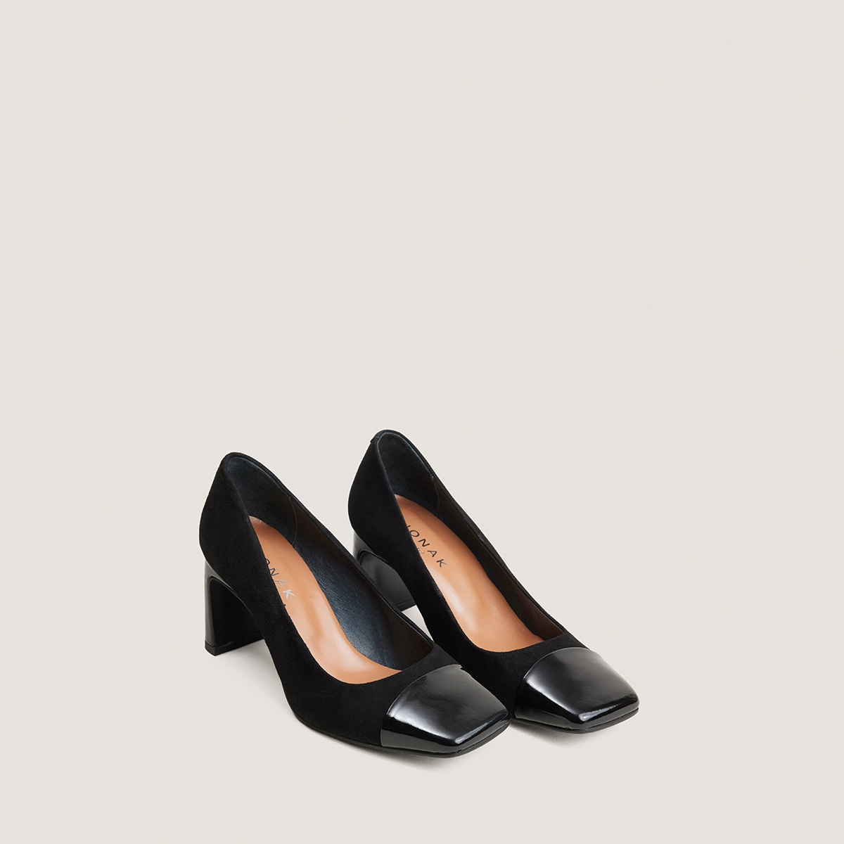 Block heels square-toe pumps in black patent leather and black suede | DOG
