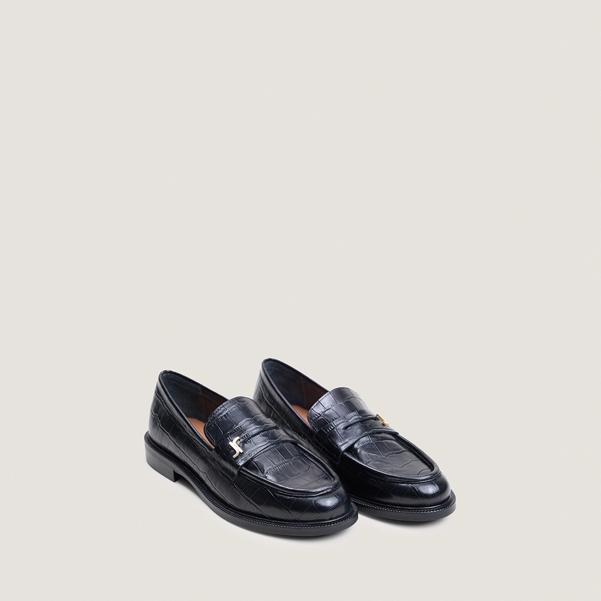 Round-toed loafers with monograms in black crocodile leather | DUEDI